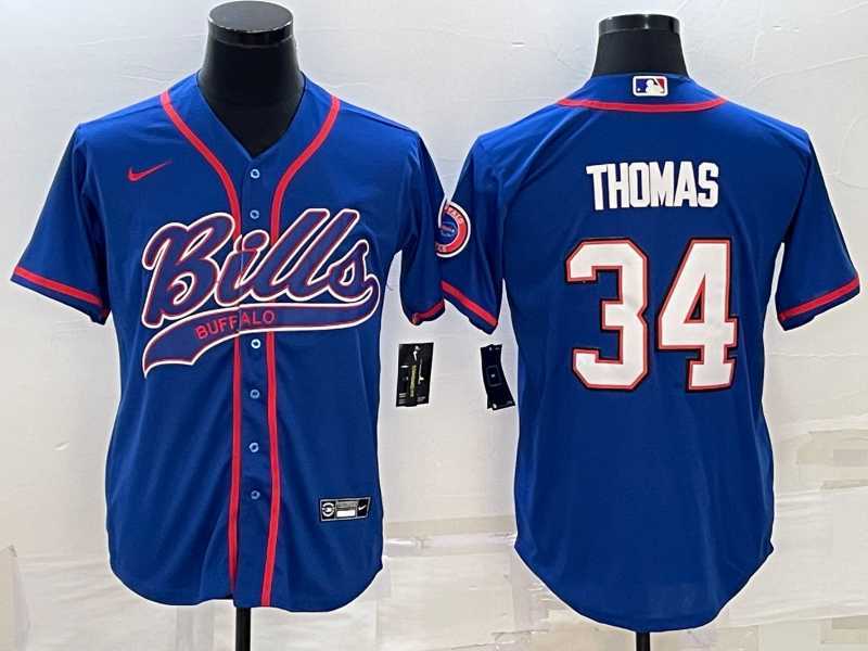 Mens Buffalo Bills #34 Thurman Thomas Blue With Patch Cool Base Stitched Baseball Jersey